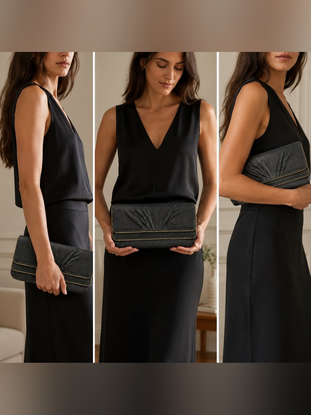 Lauren Merkin Black Snake Embossed Leather Foldover Clutch Gold Zip